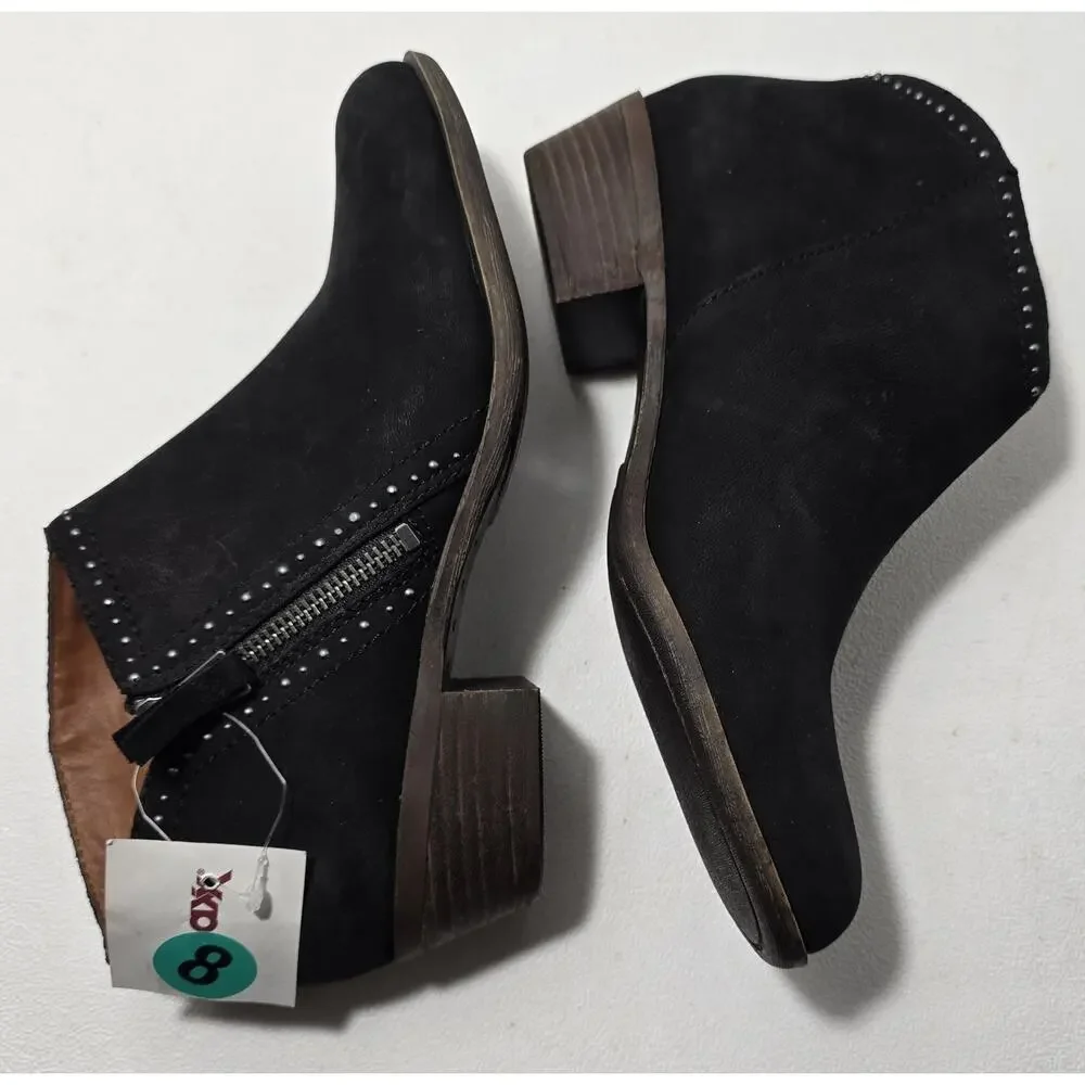 Lucky Brand Boots Black Suede Studded Ankle Booties Boho Western Moto Sz 8 NWT